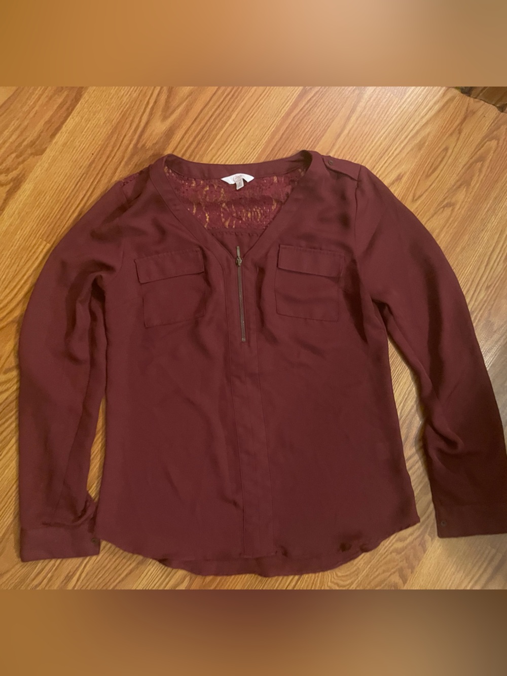 Candie's Burgundy Long-Sleeve Zip Front Blouse size small